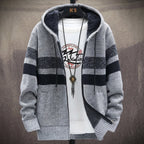 Men’s Grey & Black Hooded Zipper Cardigan Sweater | Stylish Winter Knit Hoodie Jacket