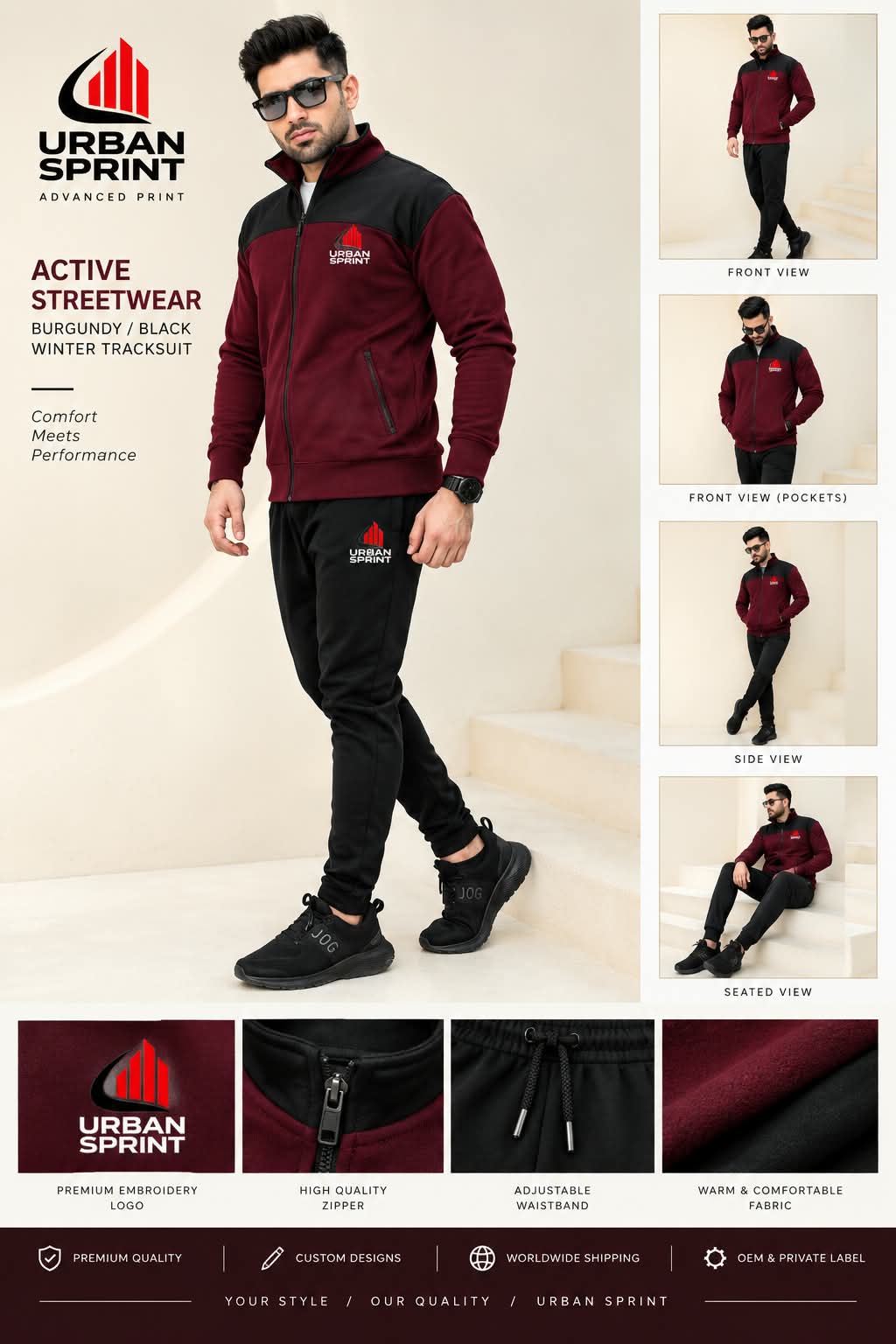 Urban Sprint Men’s Fleece Tracksuit – Maroon & Black