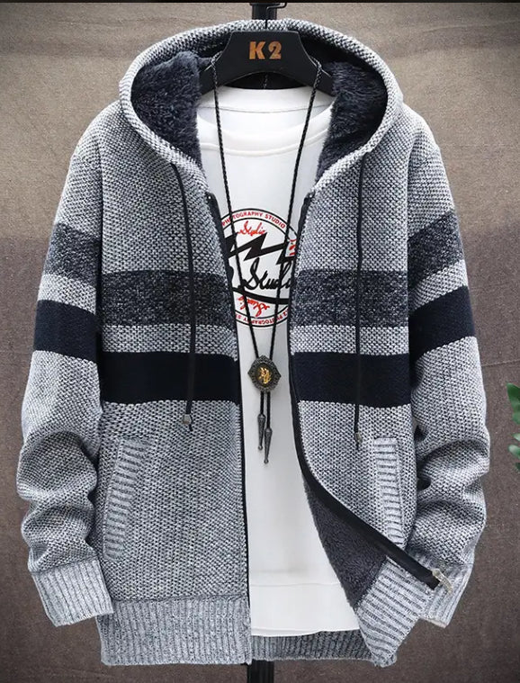 Men’s Grey & Black Hooded Zipper Cardigan Sweater | Stylish Winter Knit Hoodie Jacket