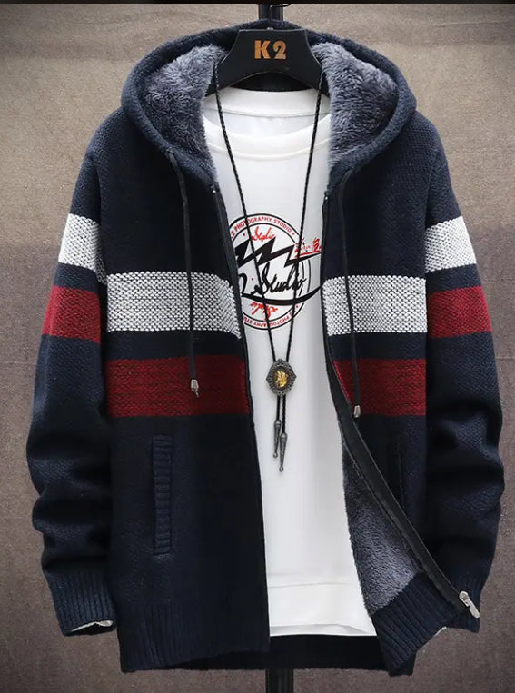 Men’s Grey & Black Hooded Zipper Cardigan Sweater | Stylish Winter Knit Hoodie Jacket