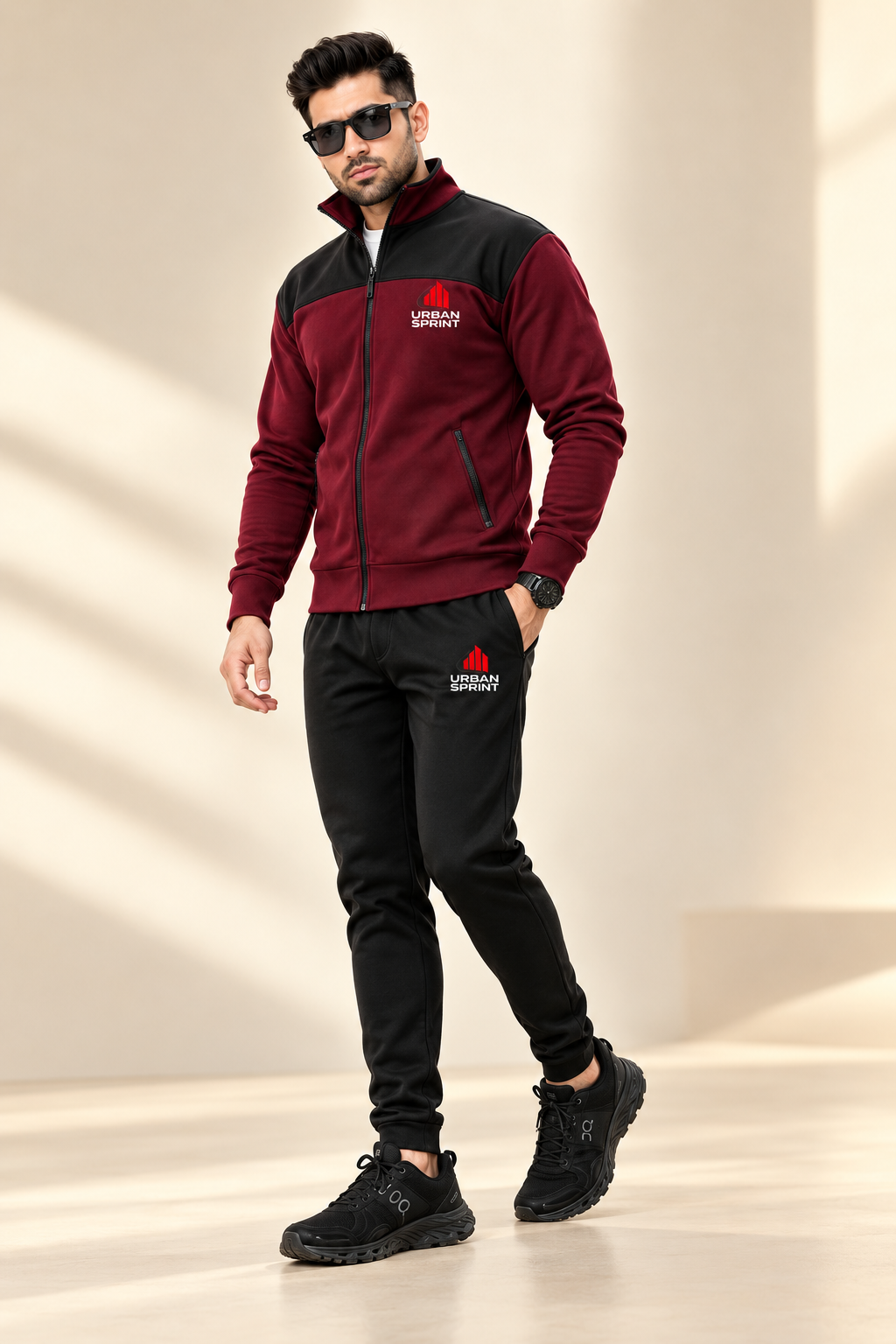 Urban Sprint Men’s Fleece Tracksuit – Maroon & Black