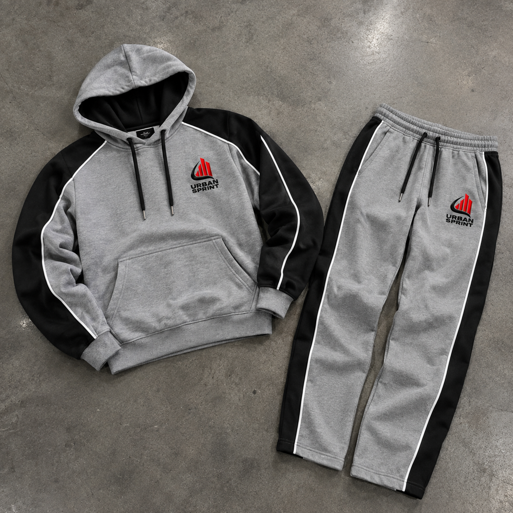 Men’s Premium Grey & Black Polyester Fleece Tracksuit | Urban Sprint