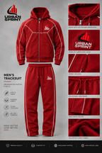 Men’s Premium Polyester Fleece Tracksuit – Red Hooded Sportswear Set | Urban Sprint