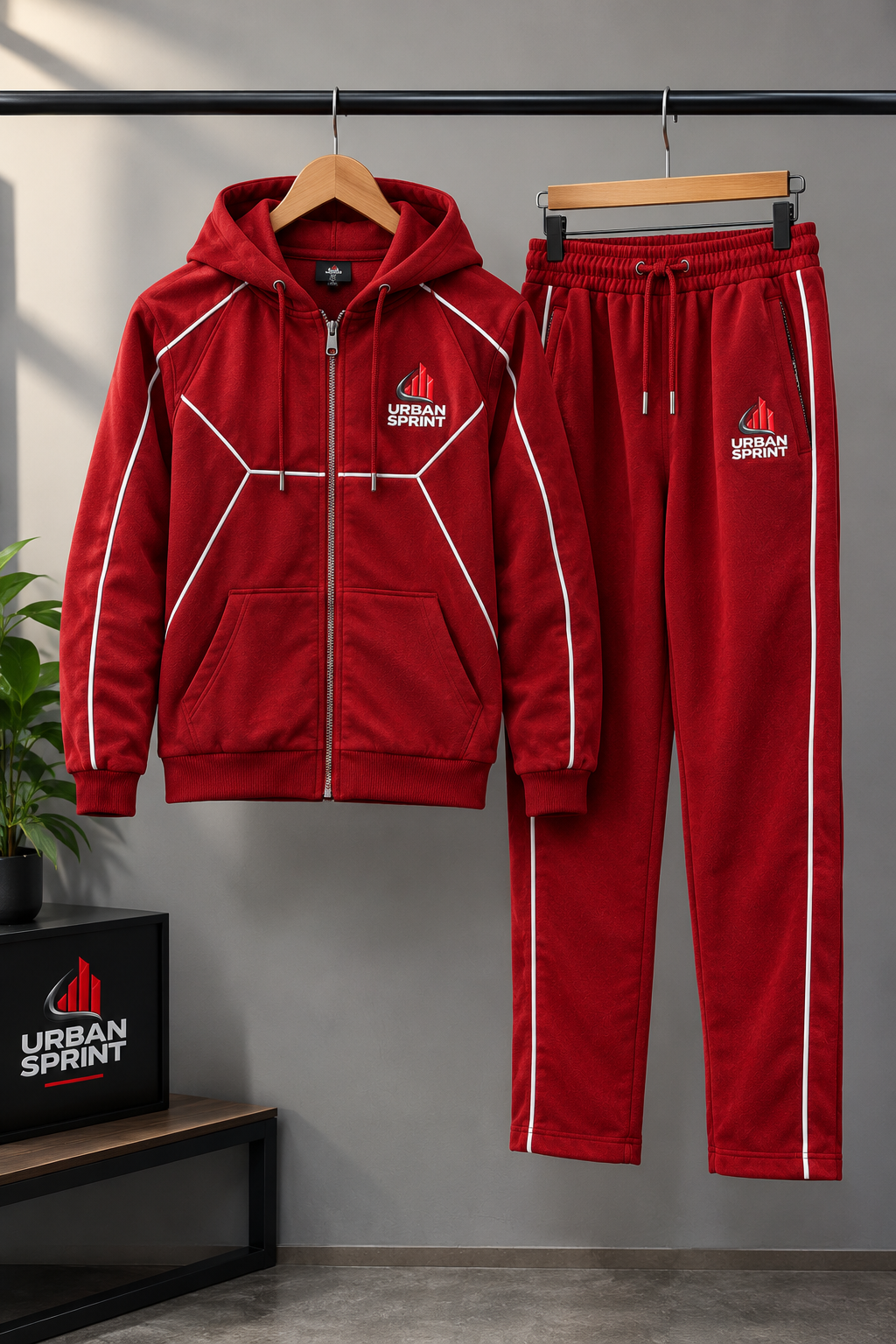 Men’s Premium Polyester Fleece Tracksuit – Red Hooded Sportswear Set | Urban Sprint