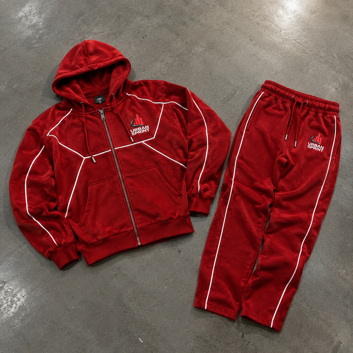 Men’s Premium Polyester Fleece Tracksuit – Red Hooded Sportswear Set | Urban Sprint