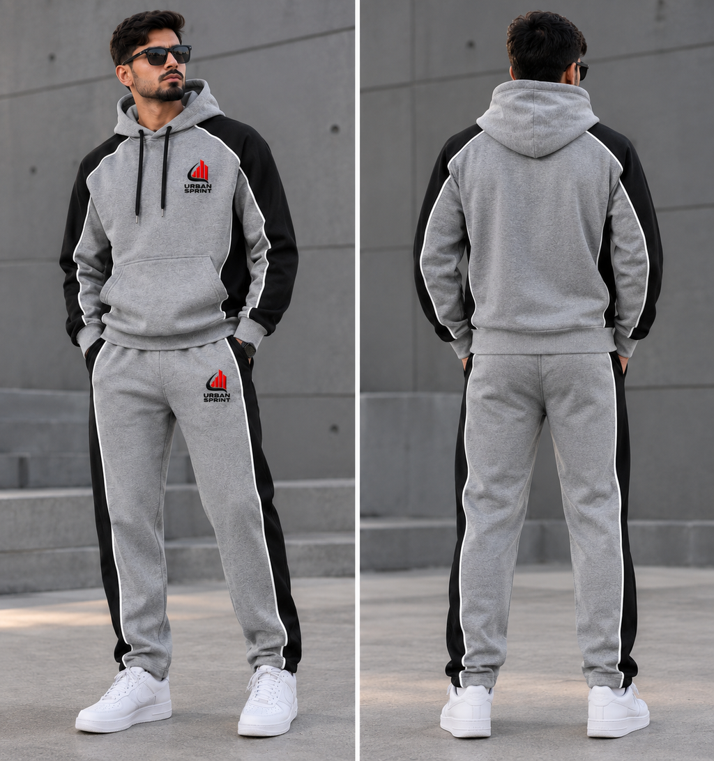 Men’s Premium Grey & Black Polyester Fleece Tracksuit | Urban Sprint