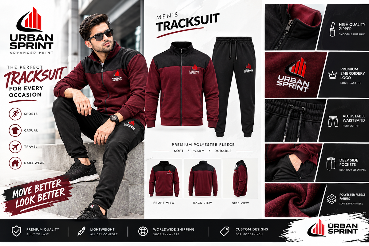 Urban Sprint Men’s Fleece Tracksuit – Maroon & Black
