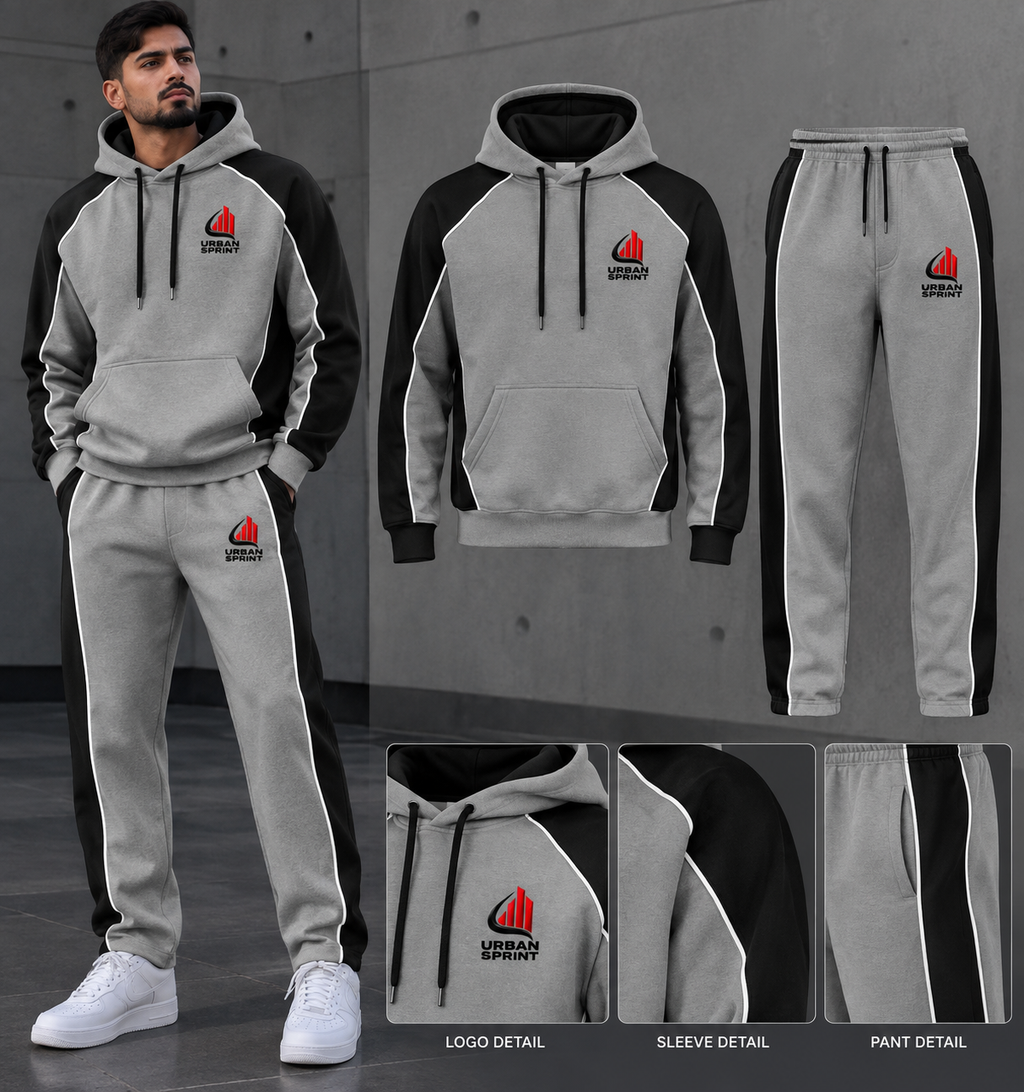 Men’s Premium Grey & Black Polyester Fleece Tracksuit | Urban Sprint