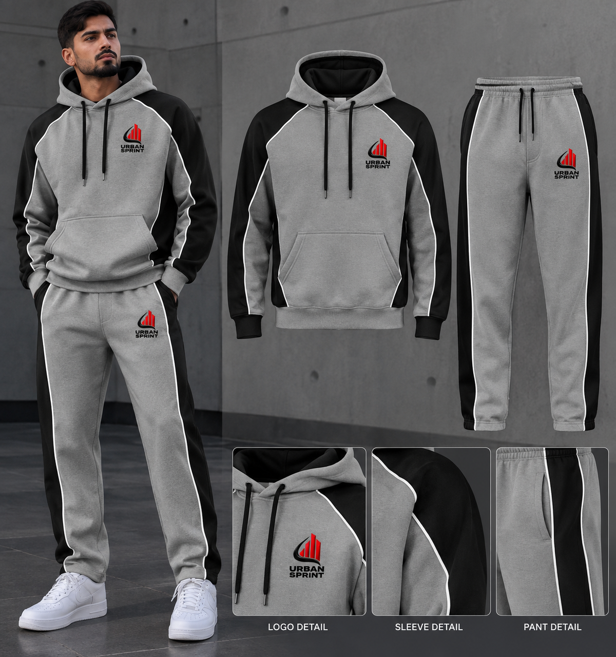 Men’s Premium Grey & Black Polyester Fleece Tracksuit | Urban Sprint